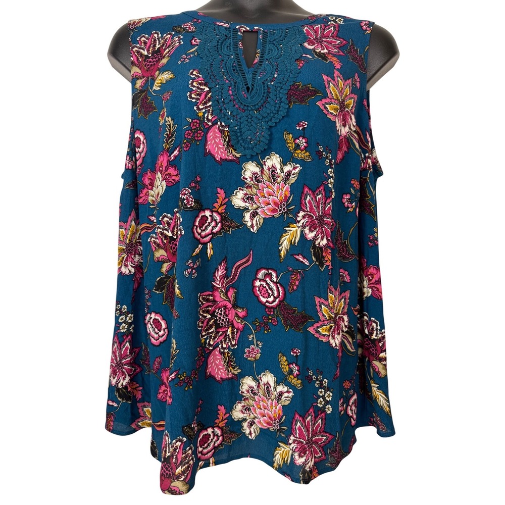Daniel Rainn Quin Blouse Women 3X Teal‎ Green Floral Crochet Keyhole Cottagecore